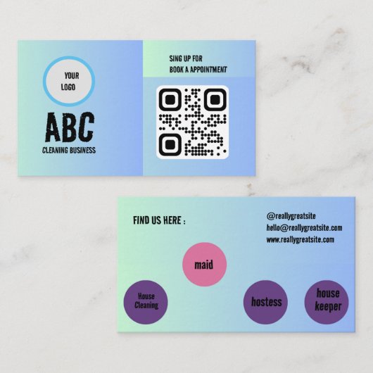 Carte De Visite Bleu Vert Services de nettoyage mixte Code QR (Devant / Derrière)
