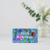 Carte de visite bleue florale colorée (Debout devant)