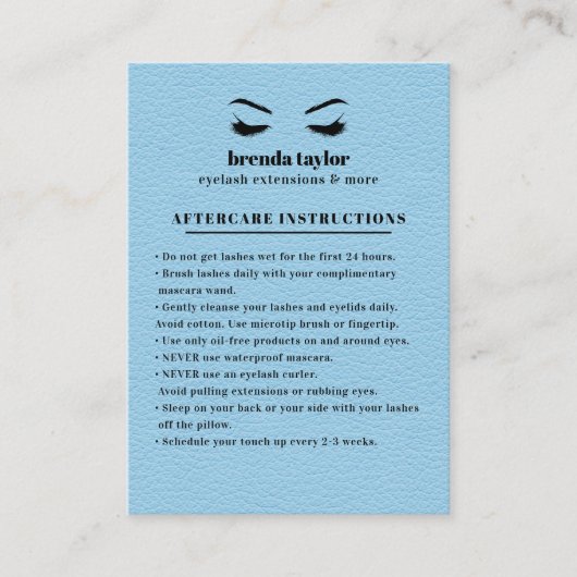 Carte De Visite BLEUE Suede Eyelash Browbar Instructions de suivi (Devant)