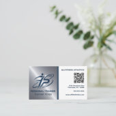 Carte De Visite Blue and Silver QR Code Fitness Trainer (Debout devant)
