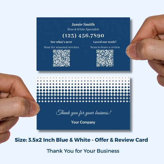 Carte De Visite Blue and White - Thank You with Review Prompt
