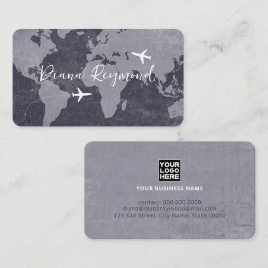 Carte De Visite Blue Business Cards  with World Map and Planes (Devant / Derrière)