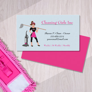 Carte De Visite Blue Cartoon Girl Avec Service De Nettoyage Maison