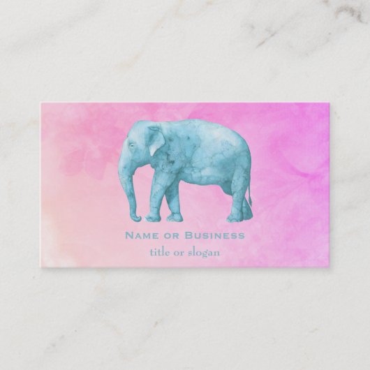 Carte De Visite Blue Elephant on Dreamy Pink Watercolors (Devant)