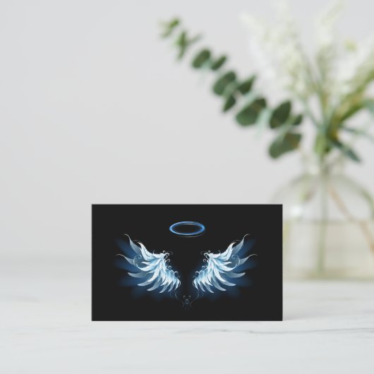 Carte De Visite Blue Glowing Angel Wings on black background (Debout devant)