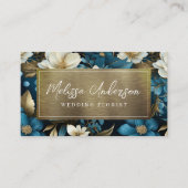 Carte De Visite Blue Gold Floral Foil QR Code Luxe (Devant)