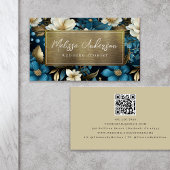 Carte De Visite Blue Gold Floral Foil QR Code Luxe