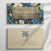 Carte De Visite Blue Gold Floral Foil QR Code Luxe