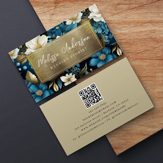 Carte De Visite Blue Gold Floral Foil QR Code Luxe