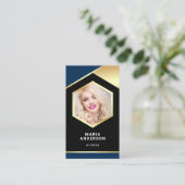 Carte De Visite Blue Gold Foil Modèle Actrice QR Code Photo (Debout devant)