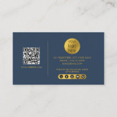 Carte De Visite Blue Gold Modern Script QR Code Social Media B (Dos)