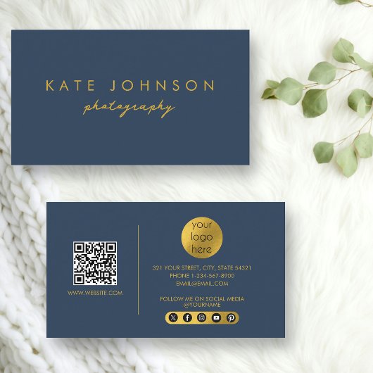 Carte De Visite Blue Gold Modern Script QR Code Social Media B