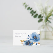 Carte De Visite Blue Gold Watercolor Flowers (Debout devant)