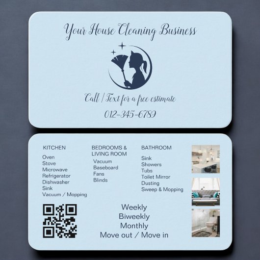 Carte De Visite Blue Maid House Cleaning QR Code Professional
