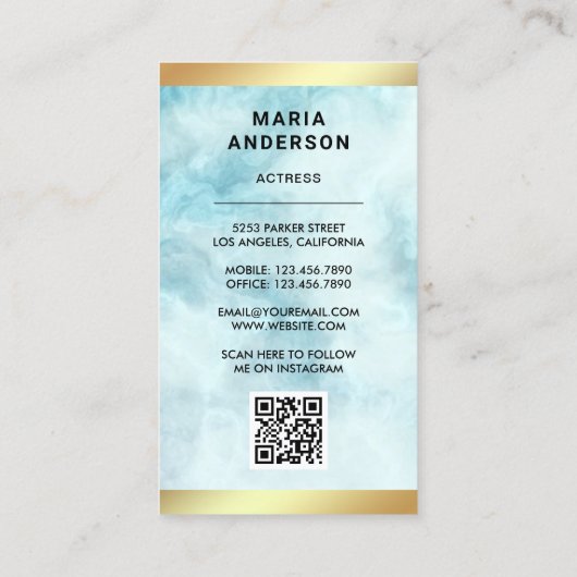 Carte De Visite Blue Marble Gold Modèle Actrice QR Code Photo (Dos)
