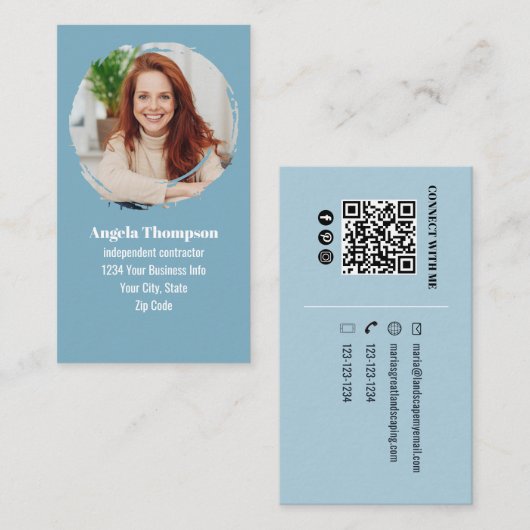 Carte De Visite Blue Modern Photo QR Code Custom (Devant / Derrière)