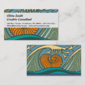 Carte De Visite Blue Ocean Waves Nautilus Seashell Motif Nouveau (Devant / Derrière)