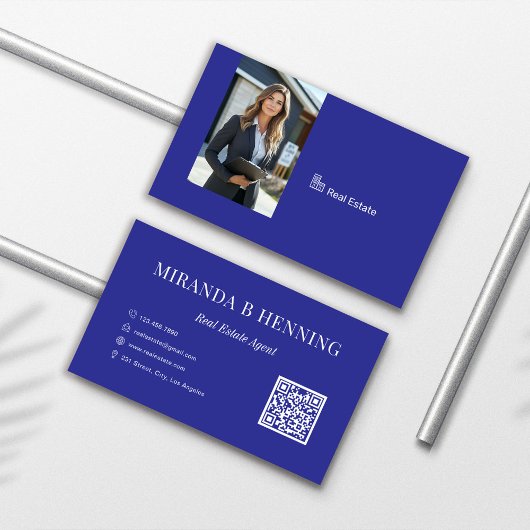 Carte De Visite Blue Professional Real Estate Agent Photo QR Code