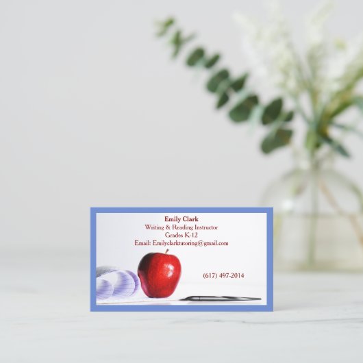 Carte De Visite Blue QR Code School Teacher Red Apple   (Debout devant)