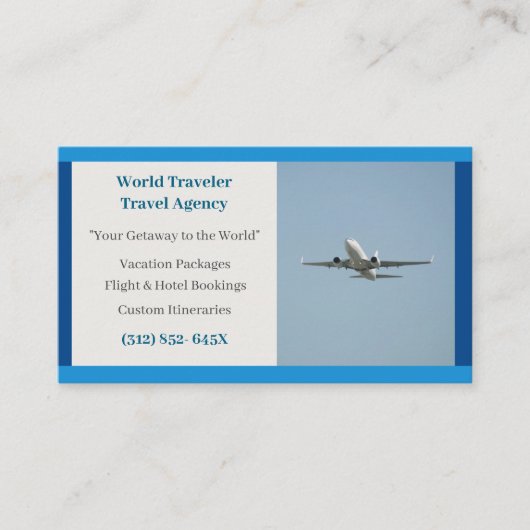 Carte De Visite Blue White Plane Agent Agence de Voyage d'avion (Devant)