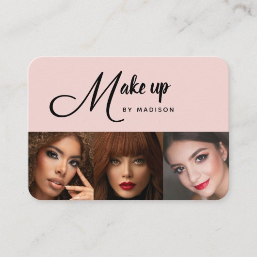 Carte De Visite Blush Pink Black Script 3 Photo Makeup (Devant)