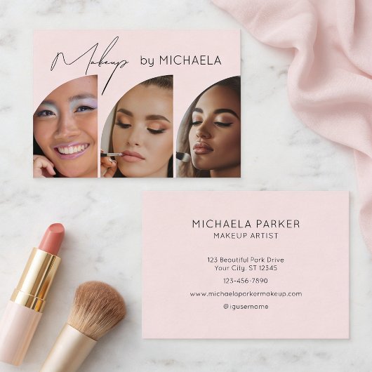Carte De Visite Blush Pink Black Script 3 Photo Makeup