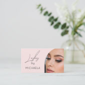 Carte De Visite Blush Pink Black Script Photo Lashes (Debout devant)