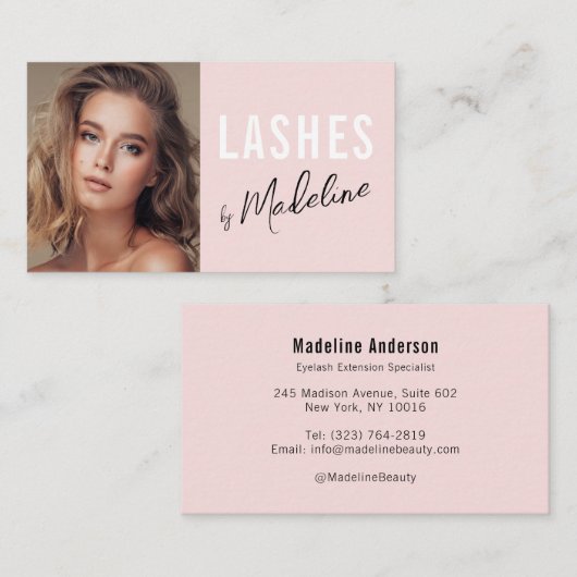 Carte De Visite Blush Pink Black Script Photo Lashes Studio (Devant / Derrière)