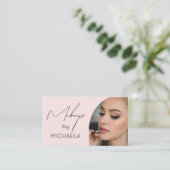 Carte De Visite Blush Pink Black Script Photo Makeup  (Debout devant)