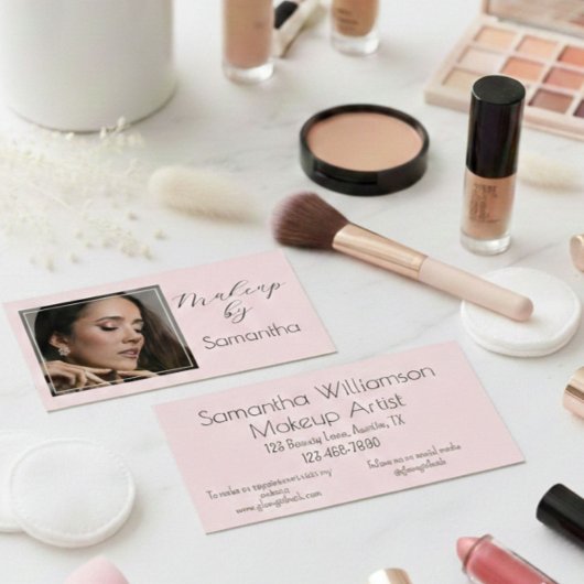 Carte De Visite Blush Pink Black Script Photo Makeup