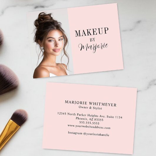 Carte De Visite Blush Pink Black Script Photo Makeup