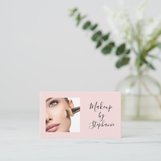 Carte De Visite Blush Pink Black Script Photo Makeup  (Debout devant)