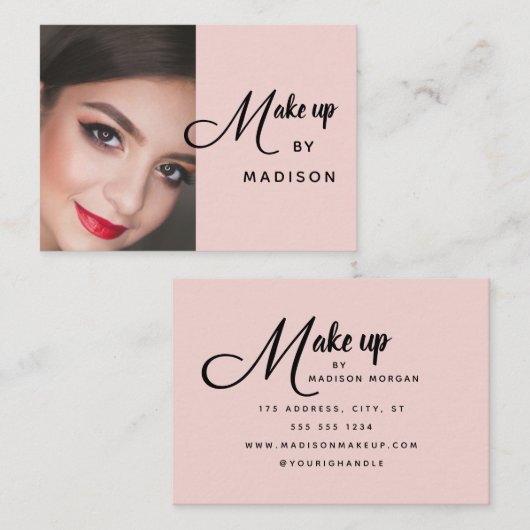 Carte De Visite Blush Pink Black Script Photo Makeup Business Card (Devant / Derrière)