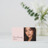 Carte De Visite Blush Pink Black Script Photo Makeup Business Card (Debout devant)