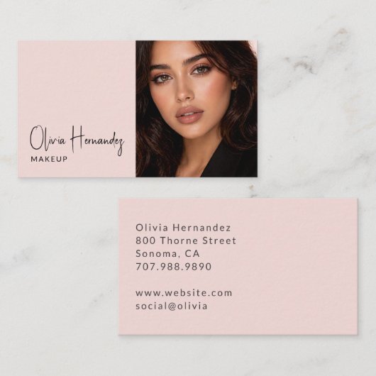 Carte De Visite Blush Pink Black Script Photo Makeup Business Card (Devant / Derrière)