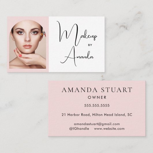 Carte De Visite Blush Pink Black Script Photo Makeup Business Card (Devant / Derrière)
