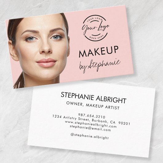 Carte De Visite Blush Pink Black Script Photo Makeup Business Card