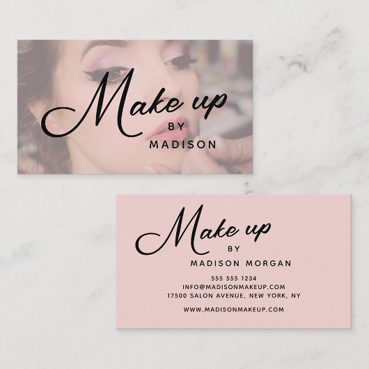 Carte De Visite Blush Pink Black Script Photo Makeup Business Card
