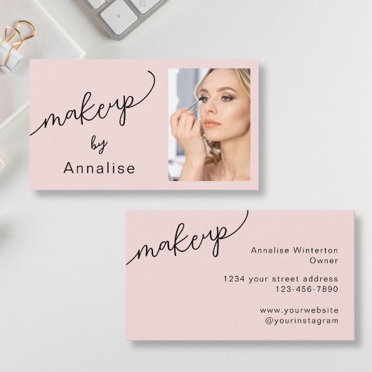 Carte De Visite Blush Pink Black Script Photo Makeup Business Card