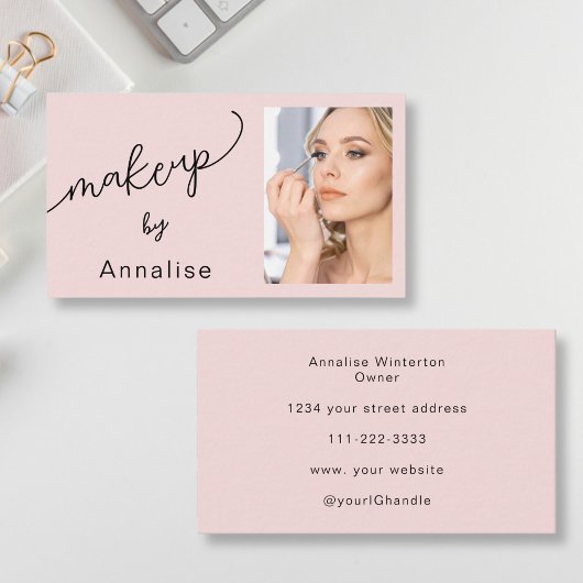 Carte De Visite Blush Pink Black Script Photo Makeup Business Card