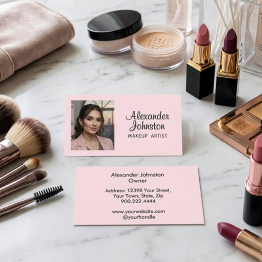 Carte De Visite Blush Pink Black Script Photo Makeup Business Card