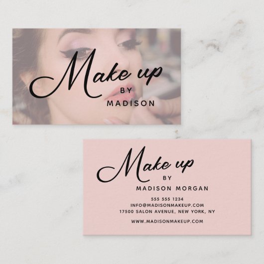 Carte De Visite Blush Pink Black Script Photo Makeup Business Card (Devant / Derrière)