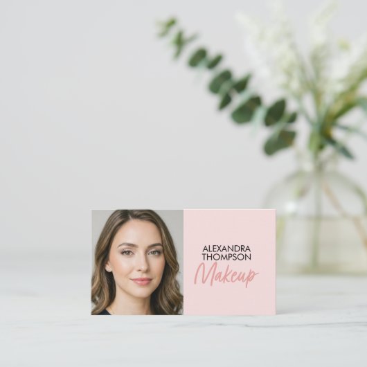 Carte De Visite Blush Pink Black Script Qr Code Social Icon Makeup (Debout devant)