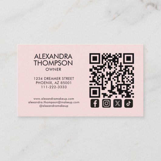 Carte De Visite Blush Pink Black Script Qr Code Social Icon Makeup (Dos)