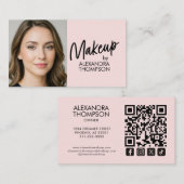 Carte De Visite Blush Pink Black Script Qr Code Social Icon Makeup (Devant / Derrière)