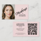 Carte De Visite Blush Pink Black Script Qr Code Social Icon Makeup (Devant / Derrière)