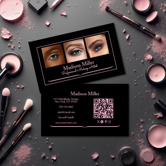 Carte De Visite Blush Pink Black Social Icon QR Code Photo Makeup