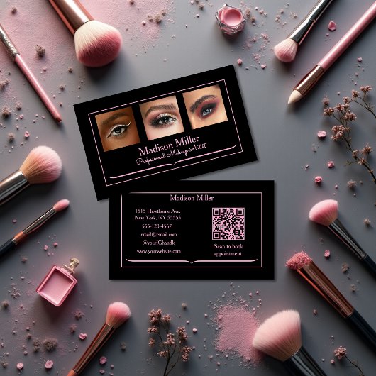 Carte De Visite Blush Pink Black Social Icon QR Code Photo Makeup