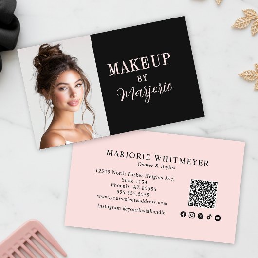 Carte De Visite Blush Pink Black Social Icon QR Code Photo Makeup