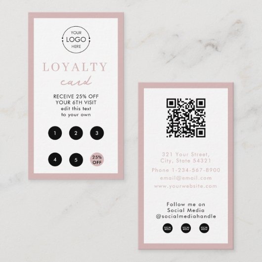 Carte De Visite Blush Pink Business Logo QR Code Loyauté (Devant / Derrière)
